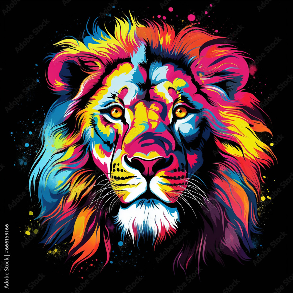 LION. Abstract, neon, multi-colored portrait of a lion head on a dark background. Generative AI