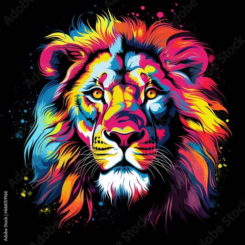 LION. Abstract  neon  multi-colored portrait of a lion head on a dark background. Generative AI