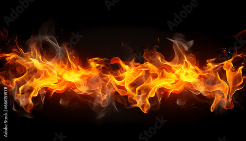 Translucent fire flames and sparks with horizontal repetition on black background