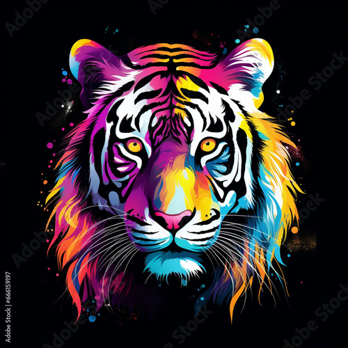 Tiger. Abstract  neon  multi-colored portrait of a tiger head on a dark background. Generative AI