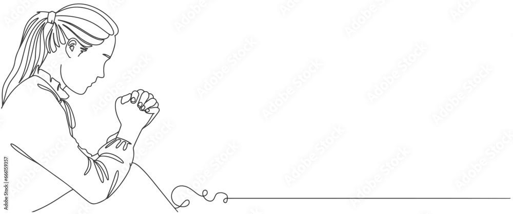 Praying woman. Religion, Christianity, faith concept. line art vector illustration.