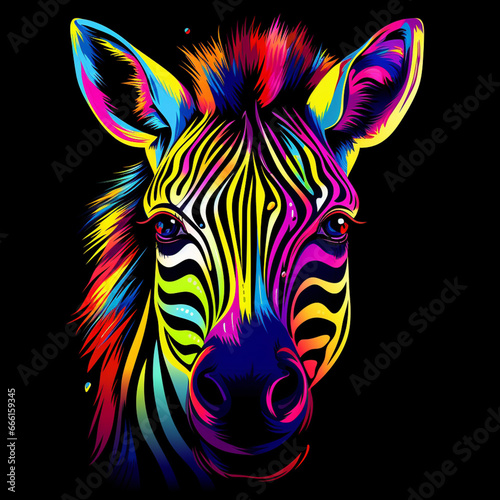 Zebra. Abstract  neon  multi-colored portrait of a zebra head on a dark background. Generative AI