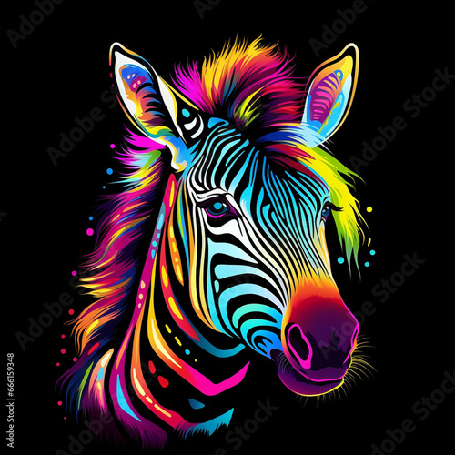Zebra. Abstract, neon, multi-colored portrait of a zebra head on a dark background. Generative AI