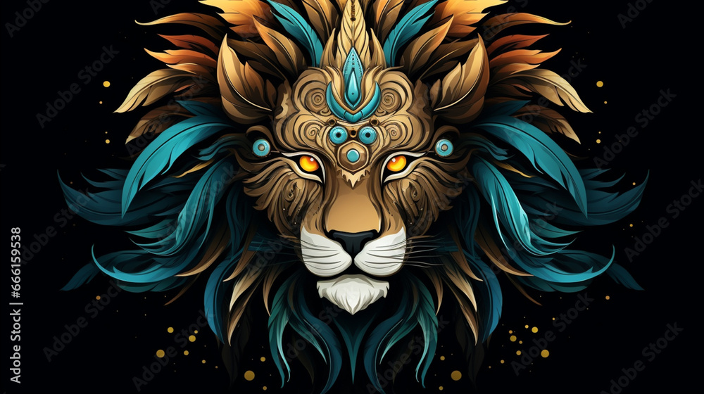 Lion. Abstract, neon, multi-colored portrait of a lion head on a dark background. Generative AI