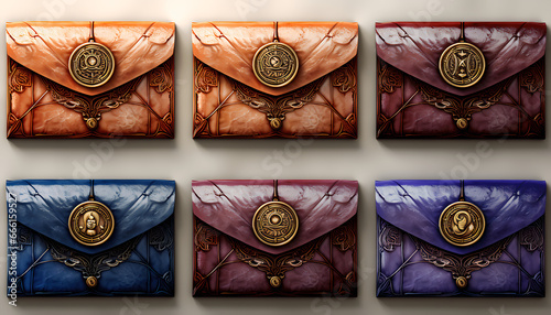 Collection of vintage envelopes on isolated one colored background, leather, handbag, handy