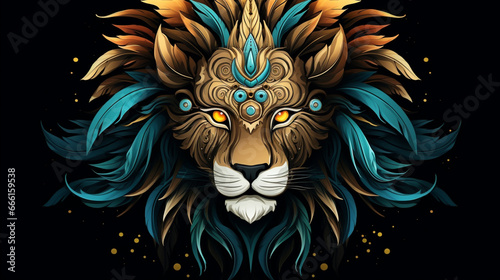 Lion. Abstract  neon  multi-colored portrait of a lion head on a dark background. Generative AI