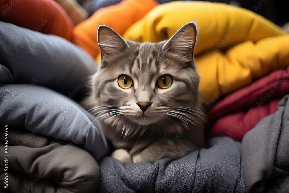 close-up of cat hiding between colorful cushions close-up of cat hiding between colorful cushions