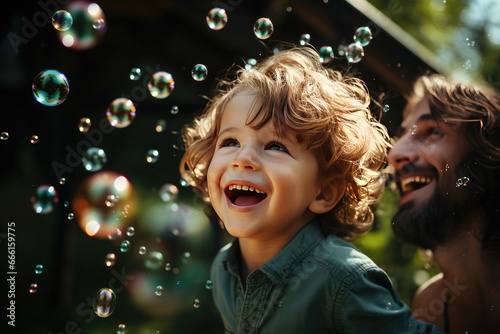 a boy and his father playing with soap bubbles