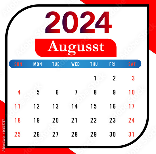 2024 Augusst Month Calendar With Red And Black