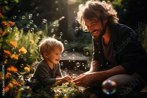 father and his son playing with soap bubbles in the garden at home