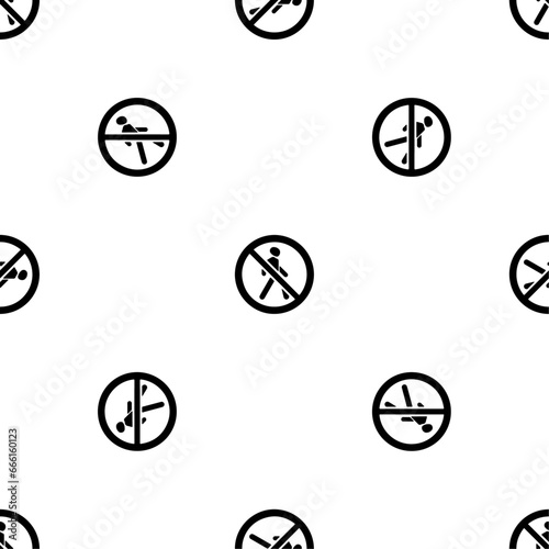 Seamless pattern of repeated black pedestrian traffic prohibited signs. Elements are evenly spaced and some are rotated. Vector illustration on white background