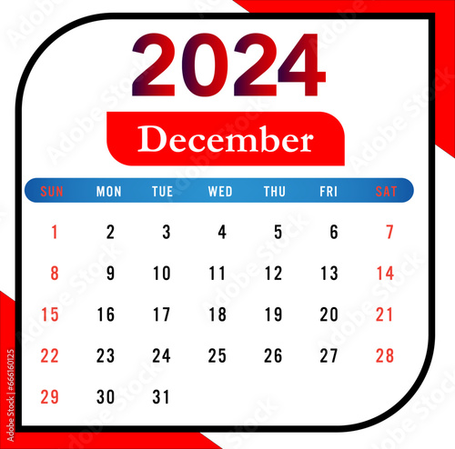 2024 December Month Calendar With Red And Black