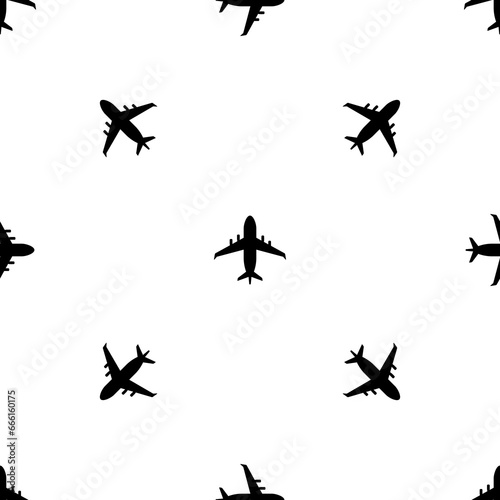 Seamless pattern of repeated black airplane symbols. Elements are evenly spaced and some are rotated. Illustration on transparent background