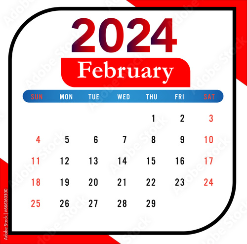 2024 february Month Calendar With Red And Black