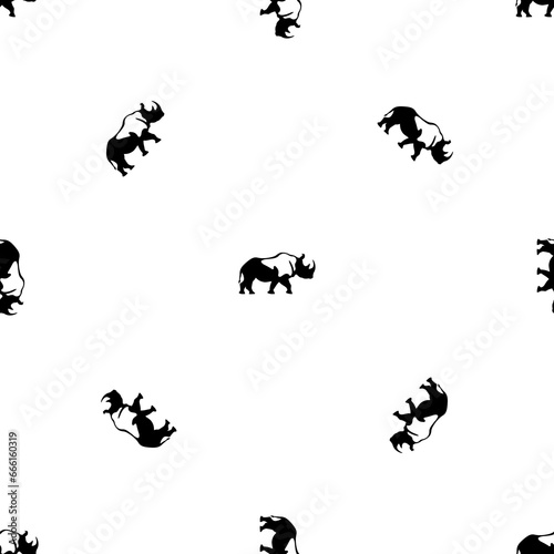 Seamless pattern of repeated black rhinoceros symbols. Elements are evenly spaced and some are rotated. Illustration on transparent background
