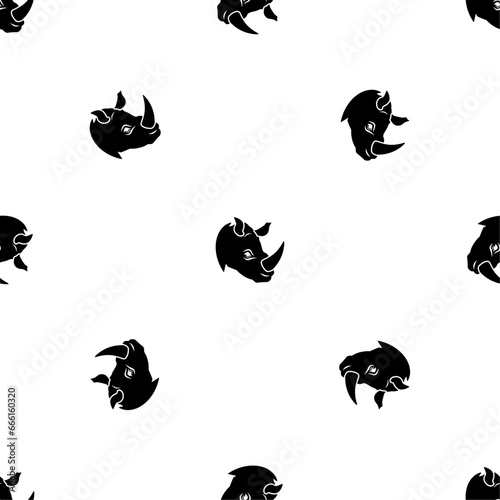 Seamless pattern of repeated black rhino head logos. Elements are evenly spaced and some are rotated. Vector illustration on white background
