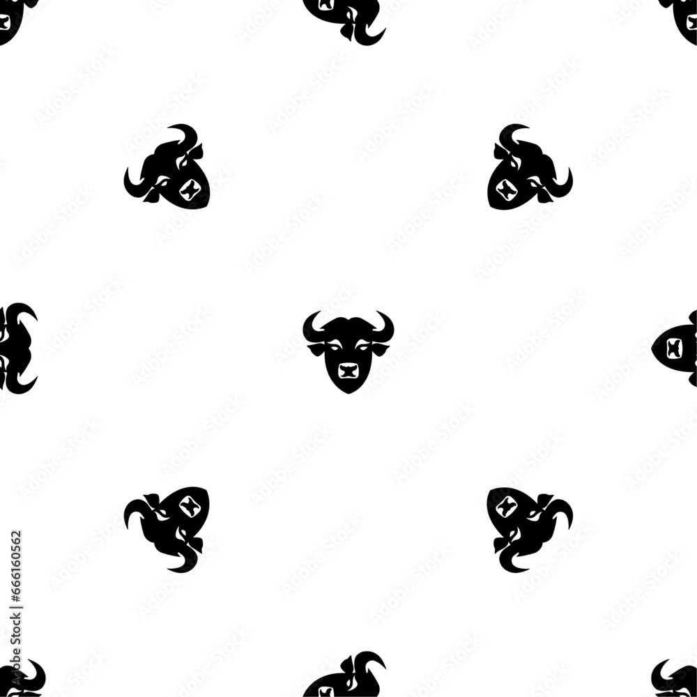 Seamless pattern of repeated black buffalo head symbols. Elements are evenly spaced and some are rotated. Vector illustration on white background
