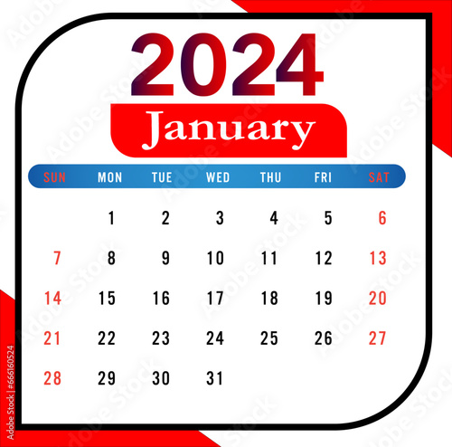 2024 january Month Calendar With Red And Black