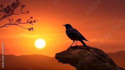 silhouette of a bird on a tree looking at sunset