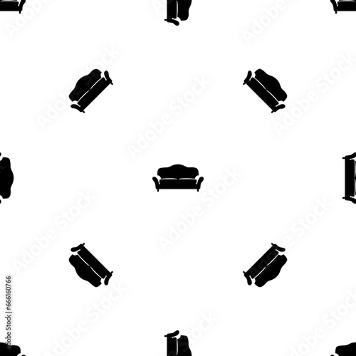 Seamless pattern of repeated black sofa symbols. Elements are evenly spaced and some are rotated. Illustration on transparent background