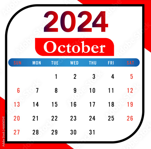 2024 October Month Calendar With Red And Black