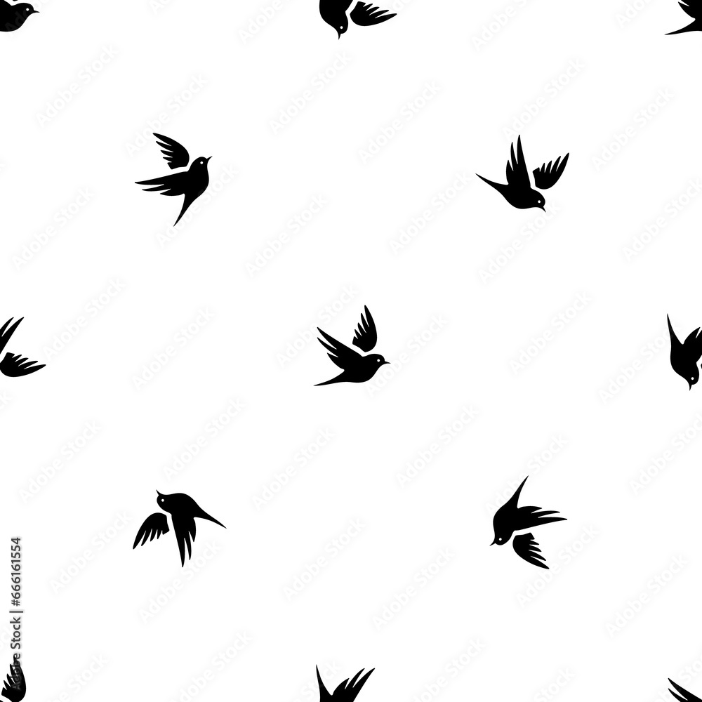Seamless pattern of repeated black bird symbols. Elements are evenly spaced and some are rotated. Illustration on transparent background Seamless pattern of repeated black bird symbols. Elements are evenly spaced and some are rotated. Illustration on transparent background