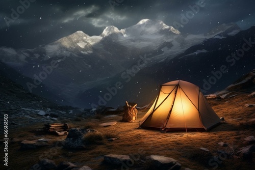 A tent with backpack and flashlight inside is placed at the base of a mountain. Generative AI