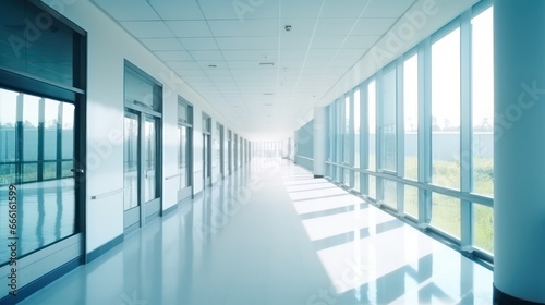 Modern medical or office building with empty corridor, large glass windows, and captivating sunlight