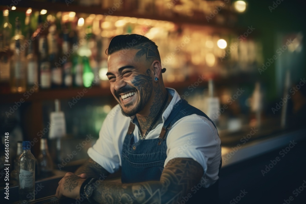 Smiling bartender relaxing behind bar Smiling bartender relaxing behind bar