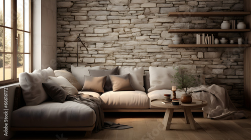 Corner sofa nestled against a window in a room adorned with stone cladding walls. This interior design embraces a farmhouse style, harmonizing rustic elements with modern sensibilities. Generative AI
