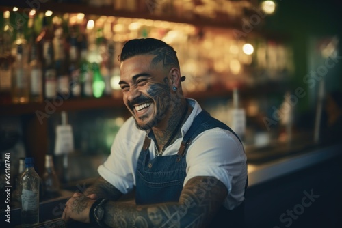 Smiling bartender relaxing behind bar