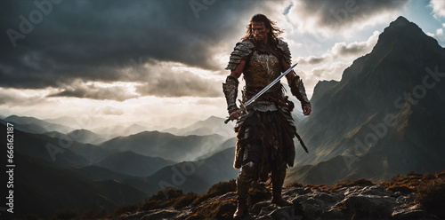 A solitary warrior, holding a menacing sword, dominates the mountain peak, portraying a medieval fantasy hero's epic journey.. photo