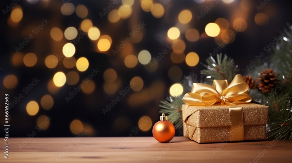Christmas, New Year background. Empty wooden tabletop with bokeh fir tree, gift.