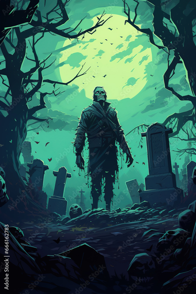 illustration of a zombie, graveyard background, generative ai