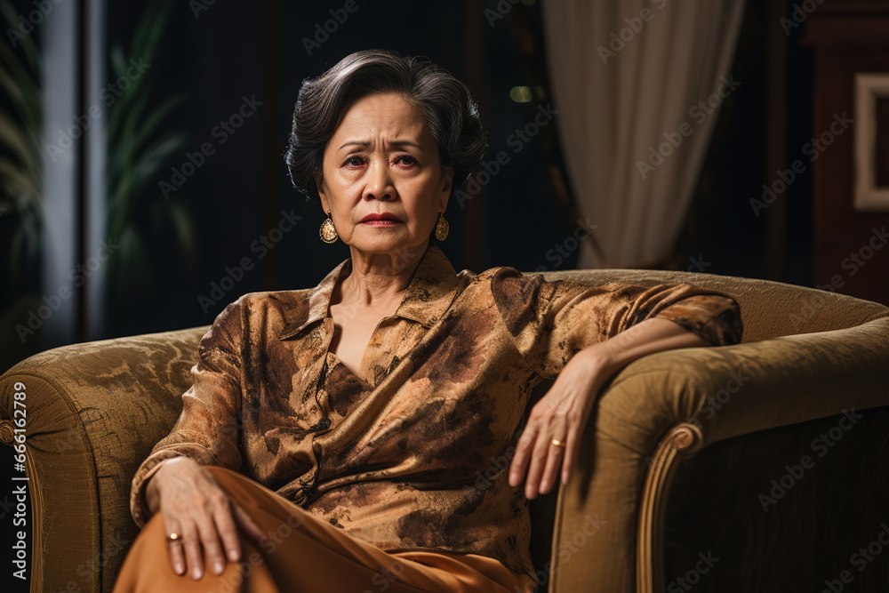 portrait of an unhappy senior asian woman sitting on couch at home, generative ai