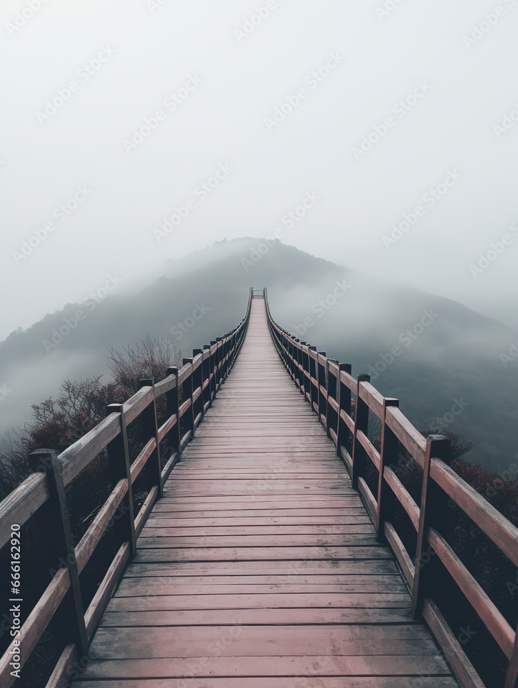 Obraz premium wooden bridge leading up to a foggy hill, generative ai