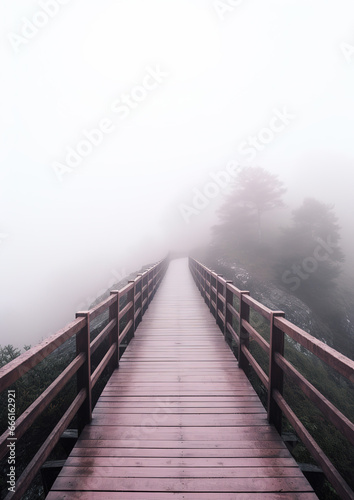 wooden bridge leading up to a foggy hill, generative ai © vvalentine