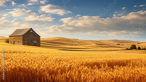 Golden wheat fields on rolling hills with a wooden barn and other farm structures, generative ai