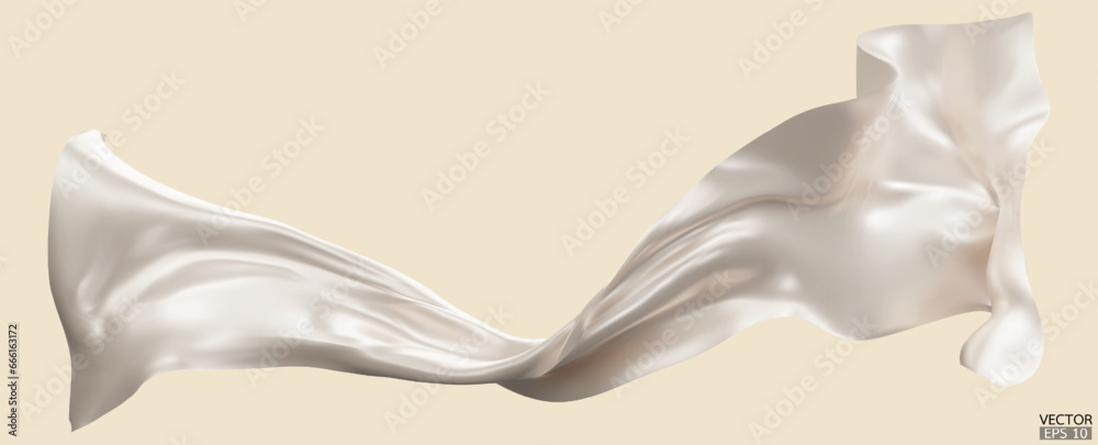 Flying beige silk textile fabric flag background. Smooth elegant beige Satin Isolated on Background for grand opening ceremony. Flying cream silk image. 3d vector illustration. - obrazy, fototapety, plakaty 
