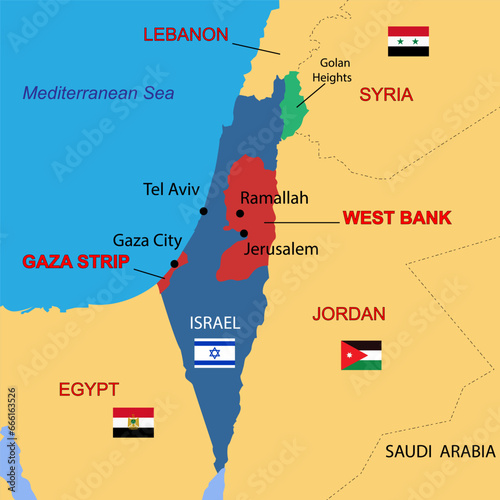 Israel country political map, including Golan Heights, West Bank and Gaza Strip. Detailed vector illustration with isolated provinces, departments, regions, cities, and states easy to ungroup.