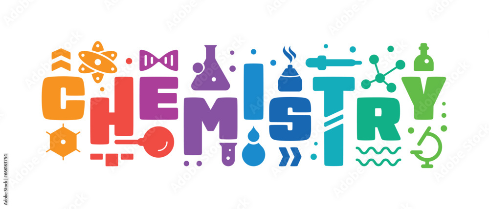 chemistry and chemistry symbols on a white background. chemistry symbols concept. test tube, magnifying glass, dropper, molecule, atom, microscope symbols and chemistry word