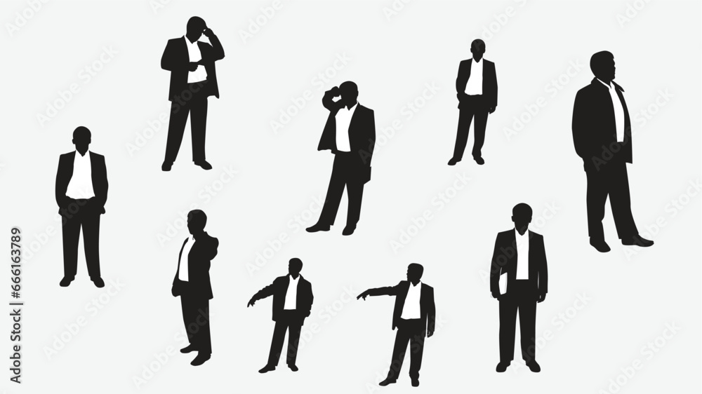 Business men's character set in various poses. Flat vector illustrations. Group of business people silhouettes. Men in suits
Business men's character set in various poses. Flat vector illustrations. Group of business people silhouettes. Men in suits