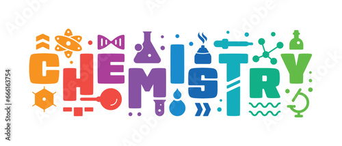 chemistry and chemistry symbols on a white background. chemistry symbols concept. test tube, magnifying glass, dropper, molecule, atom, microscope symbols and chemistry word
