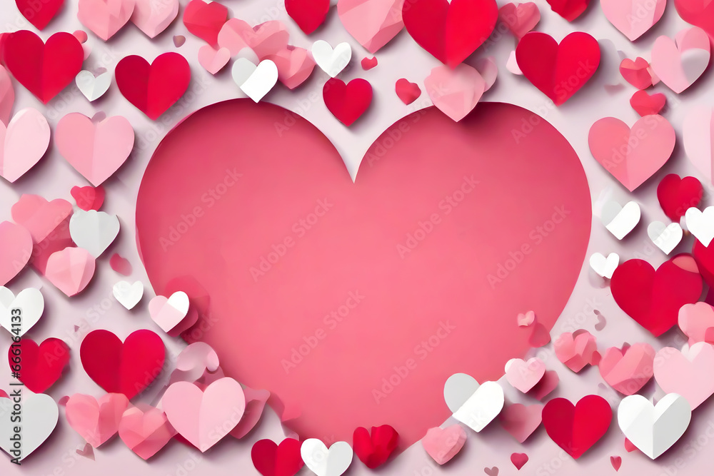 Valentines day background banner background with red and pink hearts, paper cut art - concept love. AI generated.