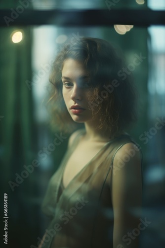 dreamy street photo cute pretty young woman glass window reflection glare gloomy sadness moment © Wiktoria