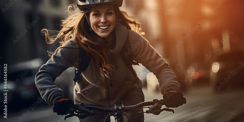 woman riding a bicycle cheerful through the city