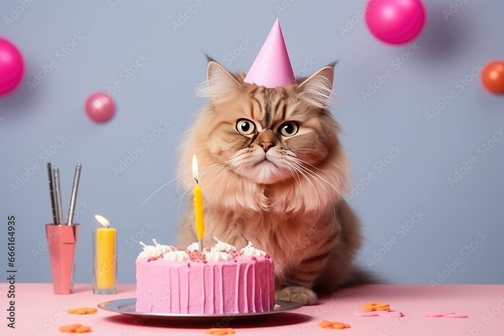 portrait of cat with a birthday cake. portrait of cat with a birthday cake.