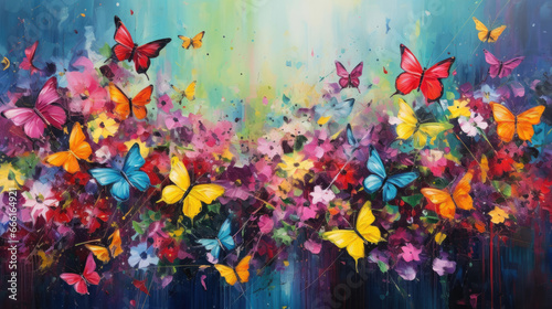 Acryl drawing of small colorful flowers and butterflies