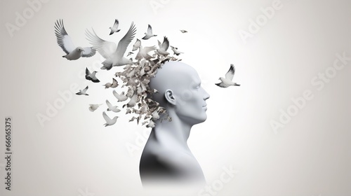 A man's head with a tree and birds in the background