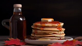 A close up of a stack of pancakes and strawberries for Canada Day with a maple leaf. Generative Ai